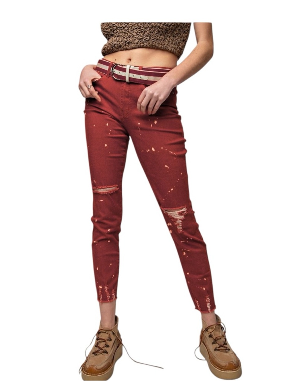 E14The Basics-Red Skinnies (splattered bleach dye)